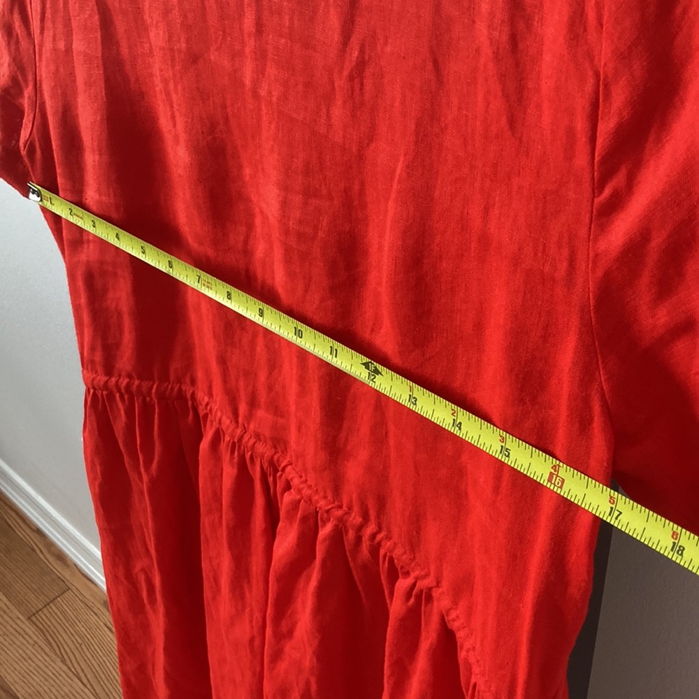 100% linen handmade red button front short sleeve cinch waist mini dress XS - Picture 8 of 9